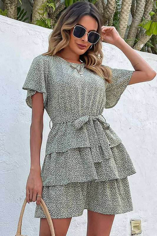 CWDSD7032_NEW STYLE RUFFLE ROUND NECK TIE CAKE DRESS