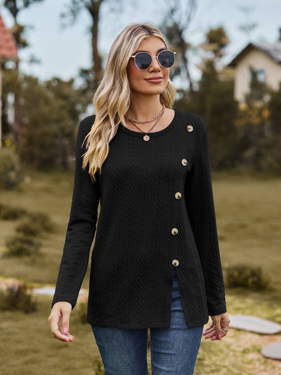 CREW-NECK BUTTONS DECORATED OPEN-SPLIT T-SHIRTS