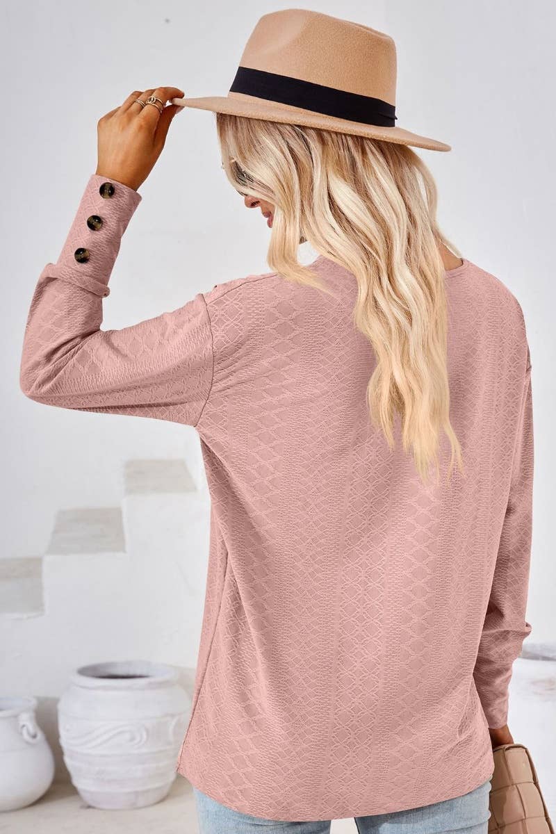 CWTBLL2806_SOLID COLOR V-NECK LONG SLEEVE BUTTON-UP TOP