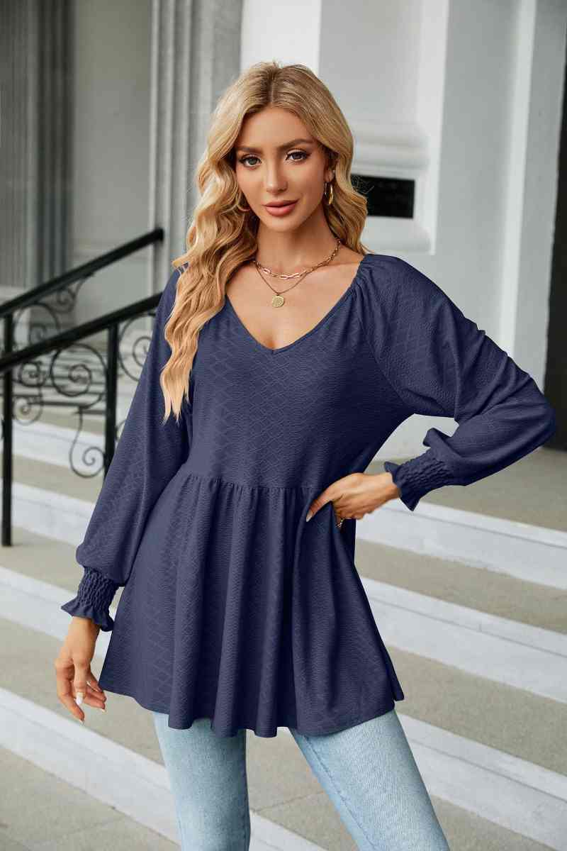 CWTBLL2836_V-NECK LONG SLEEVE PATCHWORK DRESS TOP