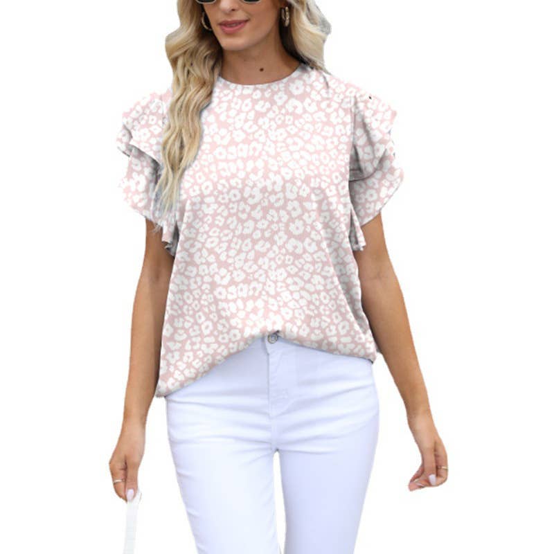 CREW-NECK PRINTED RUFFLED SHORT-SLEEVED T-SHIRT