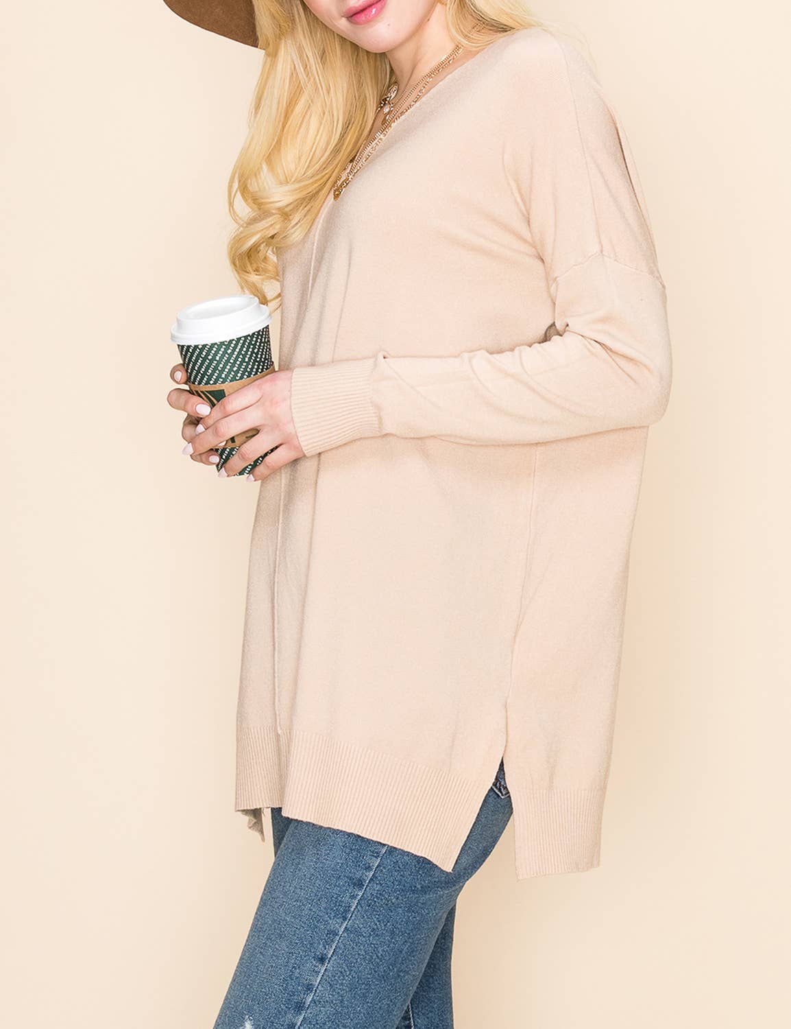 CWOSWL1826_V NECK LOOSE FIT TUNIC LENGTH SOFT SWEATER TOP