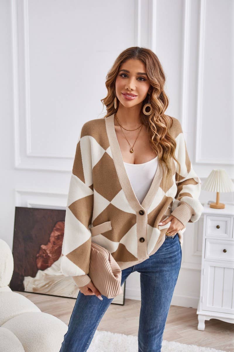 CWOSWL1938_Button Down Sleeve V-Neck Cardigan Sweater