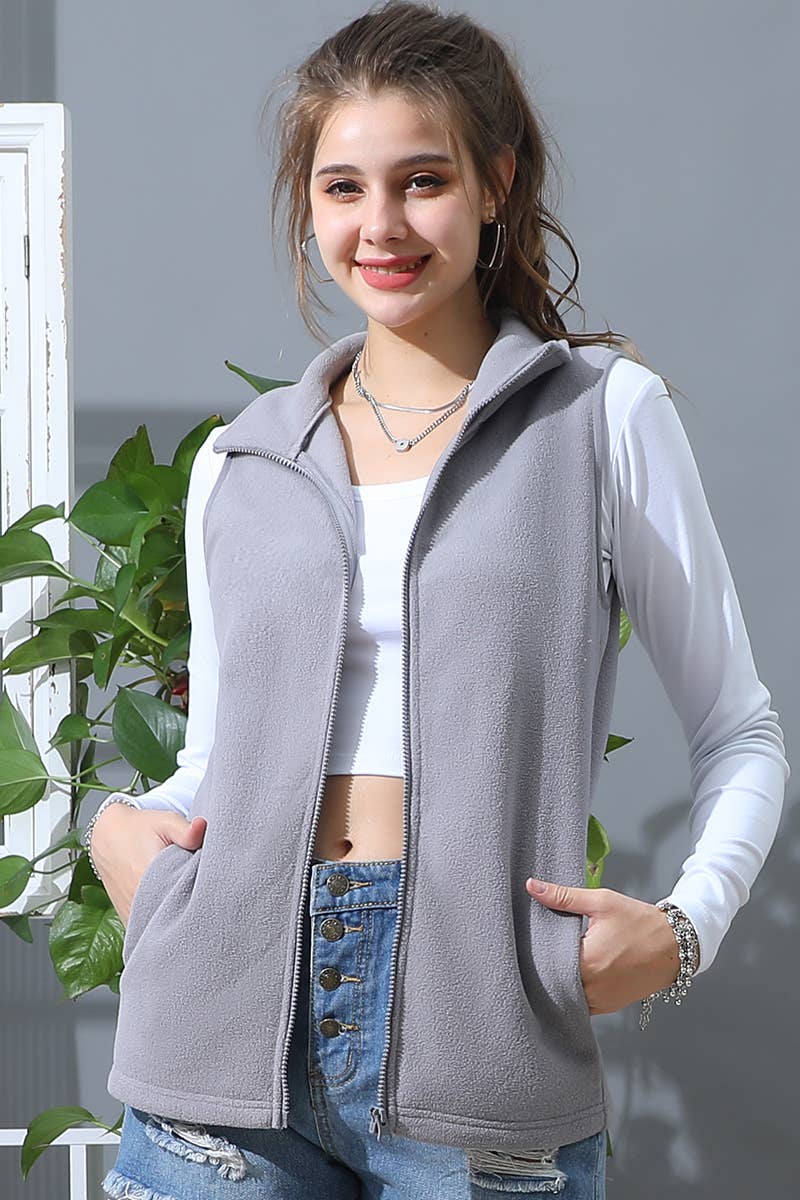 CWOV095_ZIP UP CASUAL FLEECE VEST JACKET WITH POCKTS