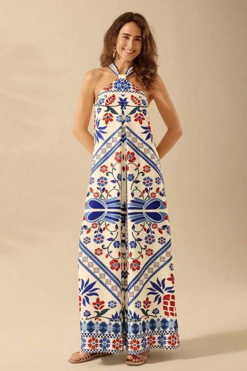 CWBLP2033_FLORAL HALTER SLEEVELESS WIDE LEG PANTS