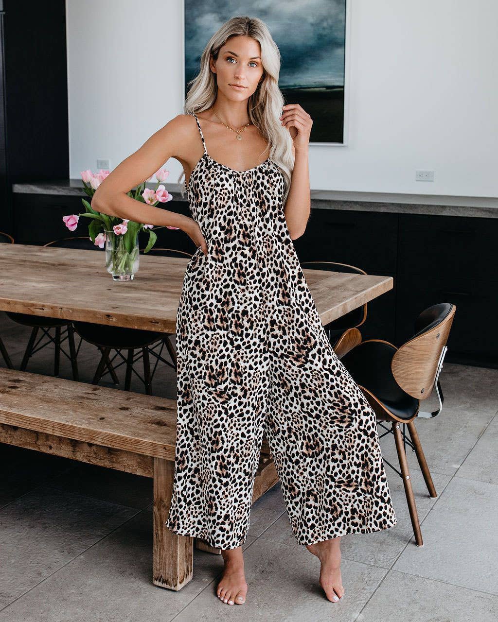 Abstract printed strappy sexy wide-leg jumpsuit