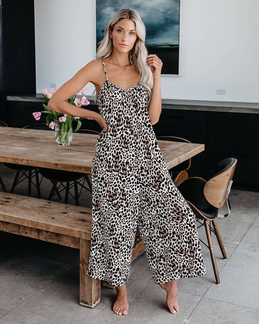 Abstract printed strappy sexy wide-leg jumpsuit