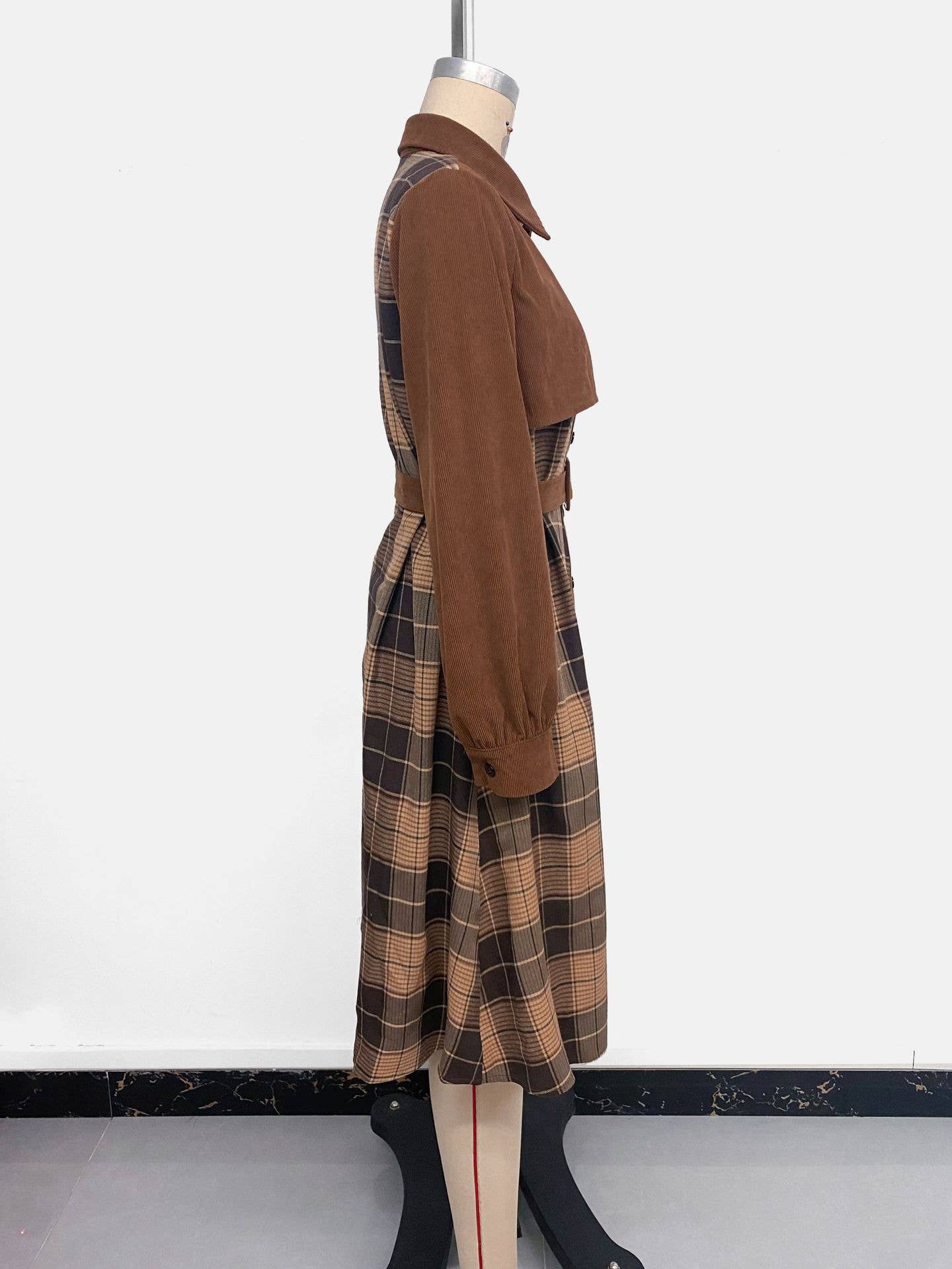 Casual retro-style lapel check patchwork dress