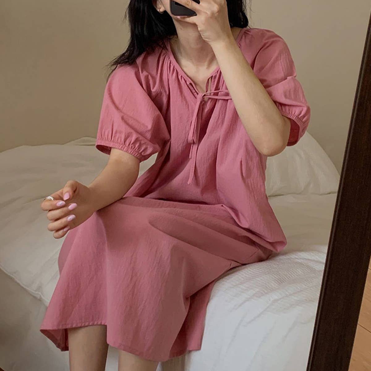 COTTON LACE DESIGN PUFFY SLEEVE DRESS