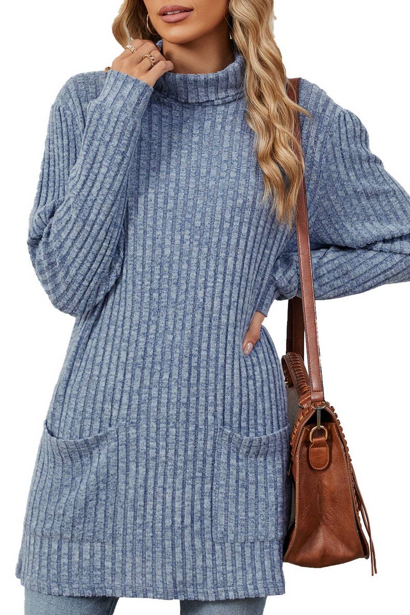 CWTBLL2364_HALF TURTLENECK LONG SLEEVE CASUAL POCKET TOP