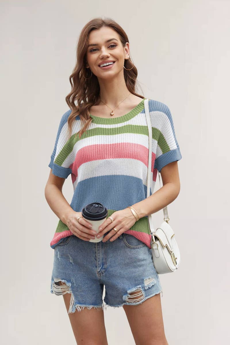 CWTBLS0761_CREW-NECK PATCHWORK STRIPED SHORT-SLEEVED TOP