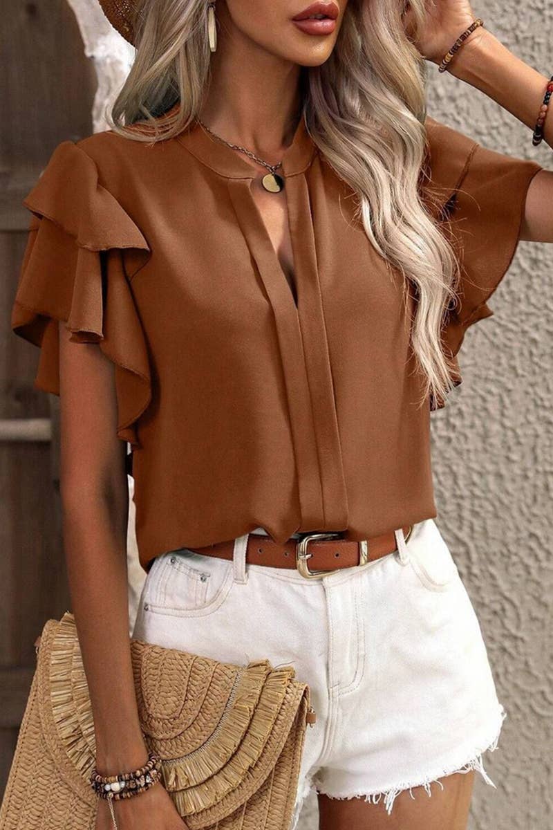 CWTSTS0666_SUMMER V-NECK CASUAL RUFFLE SLEEVE SHIRT