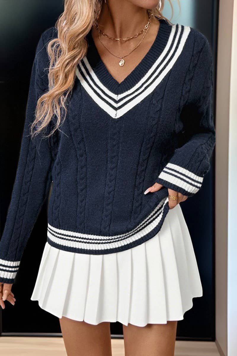 CWOSWL07133_V NECK CABLE KNIT COLORBLOCK PULLOVER SWEATER