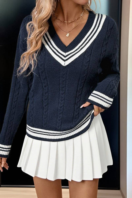 CWOSWL07133_V NECK CABLE KNIT COLORBLOCK PULLOVER SWEATER