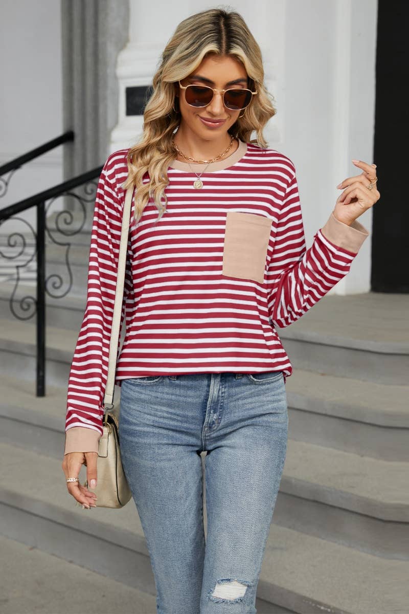 CWTBLL2934_CREW-NECK SPLIT TOP WITH STRIPED POCKETS