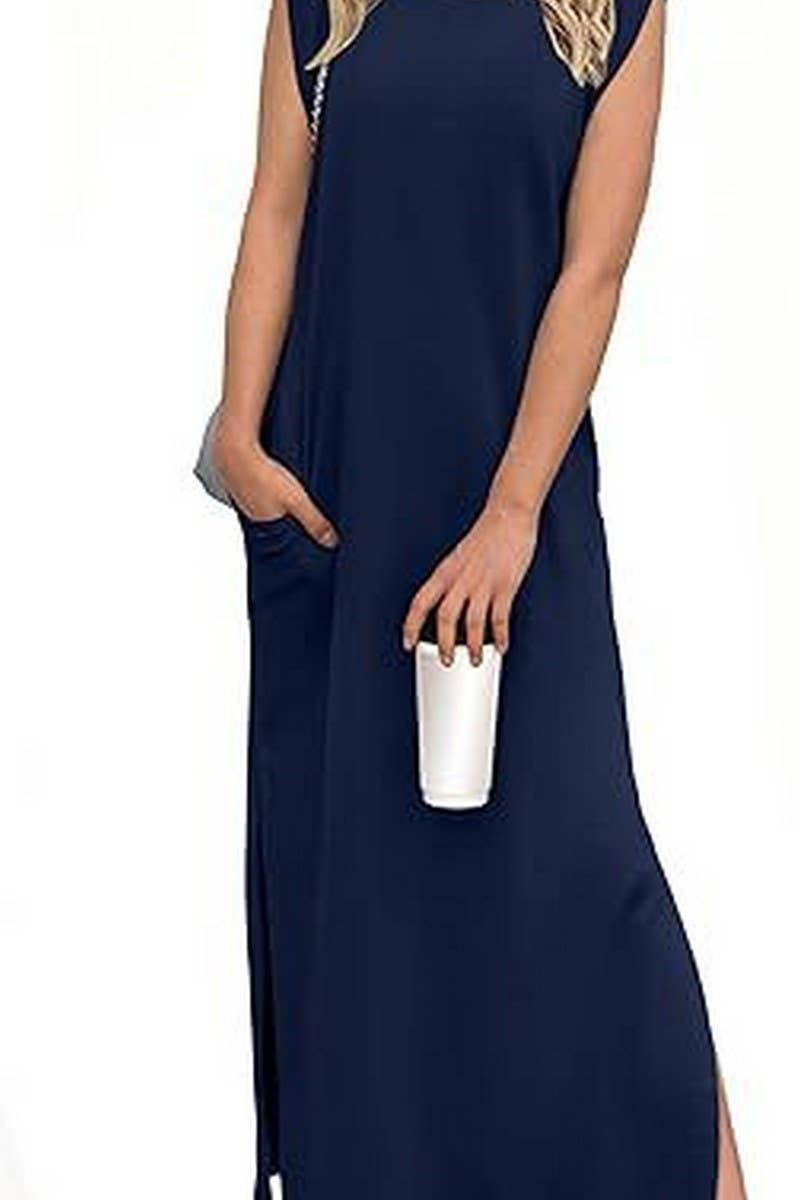 CWDMD5904_SLEEVELESS SPLIT HEM POCKET MAXI BEACH DRESS