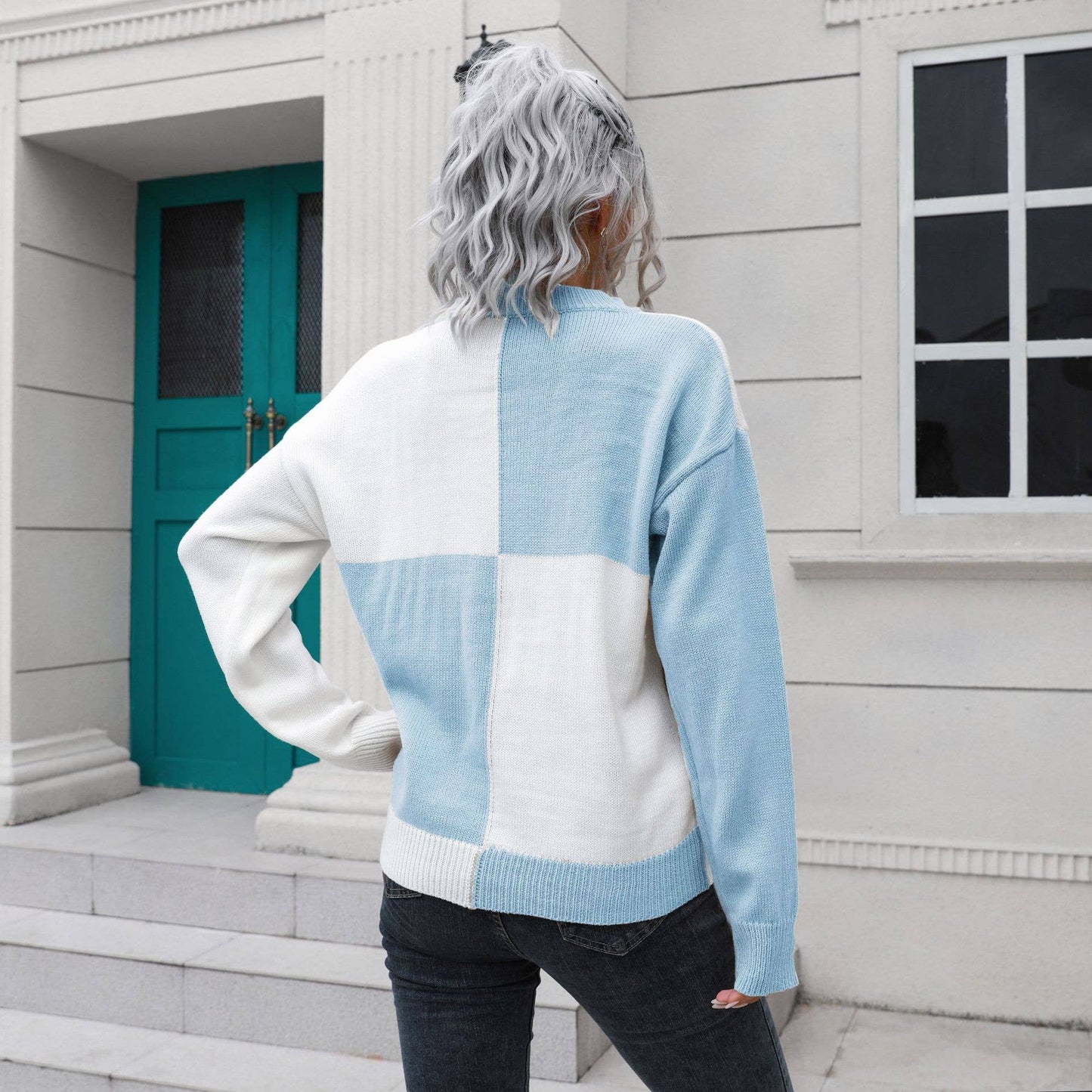 DESIGN SENSE CHECKERED LONG-SLEEVED SWEATER