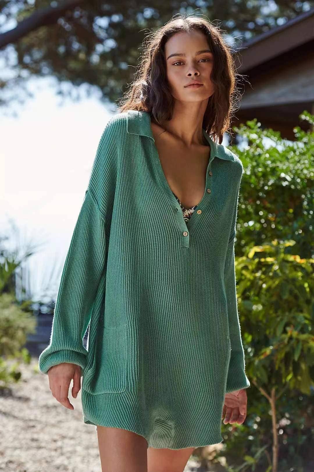 CASUAL SIMPLE V-NECK BUTTON SOLID COLOR JUMPSUIT