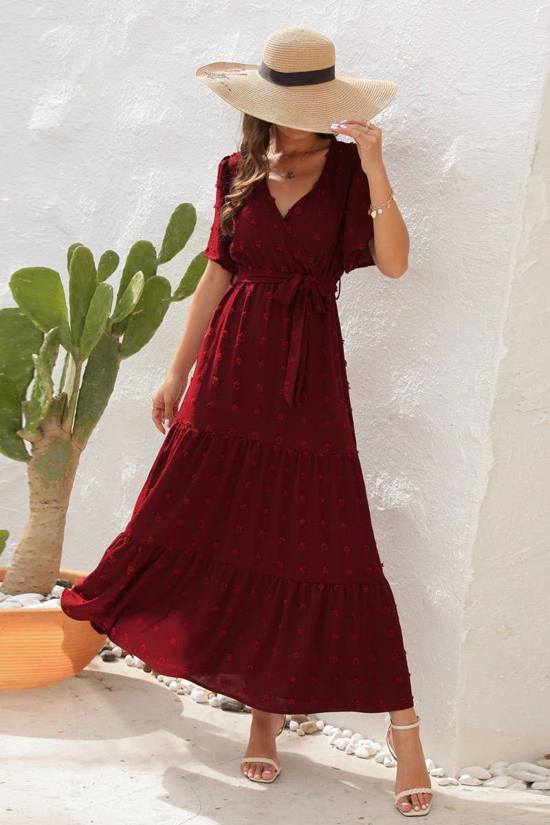 CWDMD2150_V NECK HIGH WAISTED SHORT SLEEVED LONG DRESS