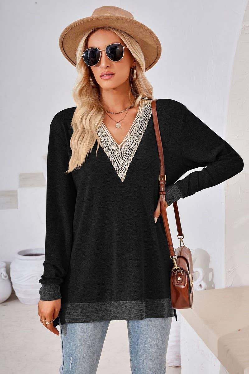 CWTBLL3660_AUTUMN NEW V-NECK LACE SOLID COLOR LOOSE T-SHIRT
