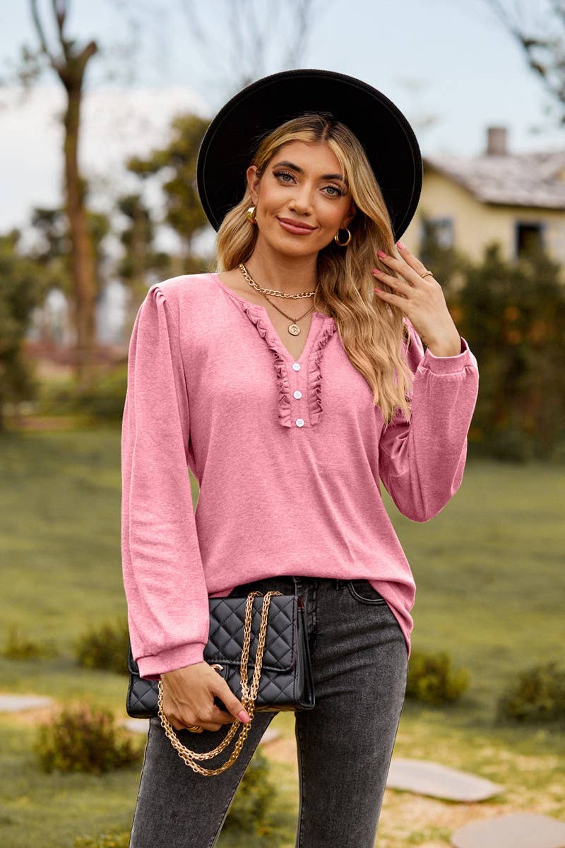 CWTBLL3682_SOLID COLOR V-NECK BUTTON RUFFLED LONG-SLEEVED TO