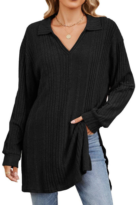CWTBLL3668_FLIP COLLAR SLIT LONG SLEEVED LOOSE T-SHIRT TOP