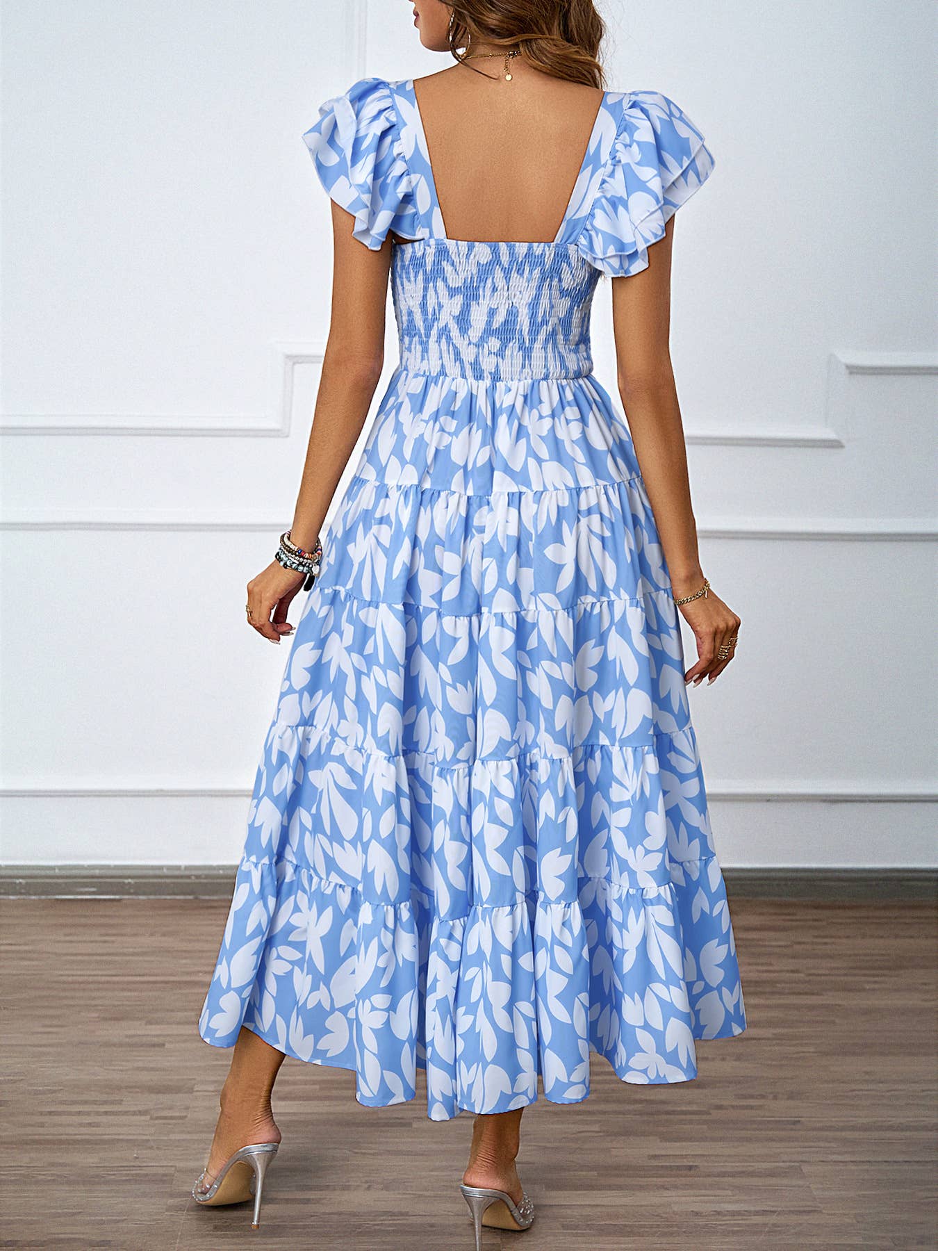 CASUAL SQUARE COLLAR PRINT PLEATED DRESS