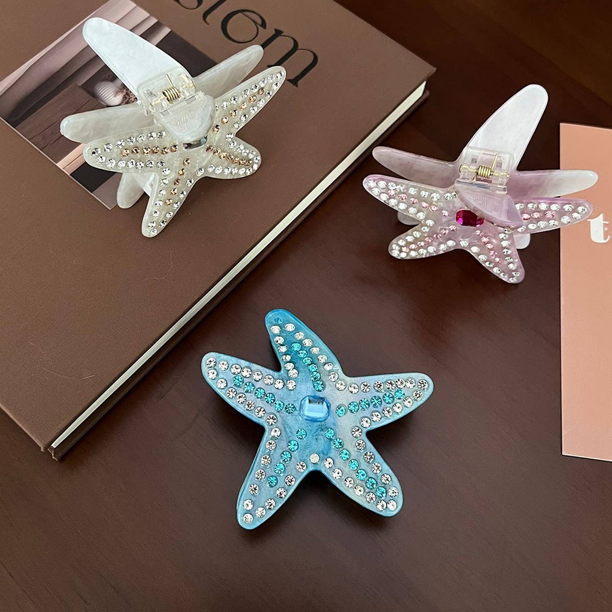 Pink Starfish Acetate Clip with Rhinestones_CWAHA5828