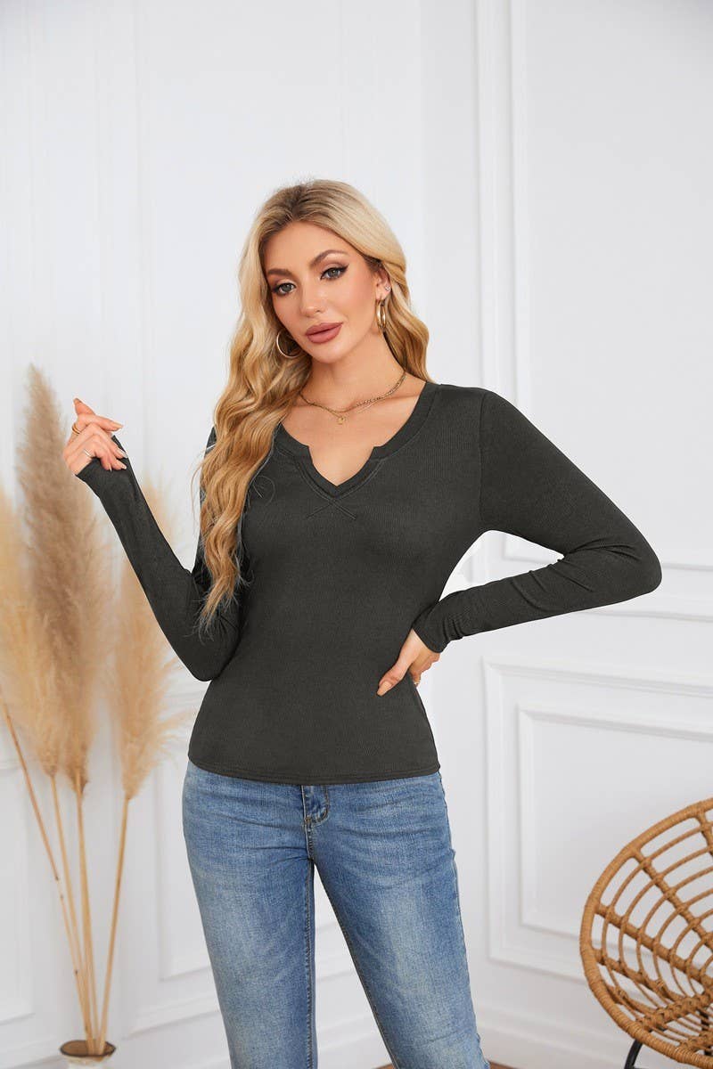CWTBLL4097_DEEP U-NECK CROSS-OVER LONG-SLEEVED T-SHIRT TOP