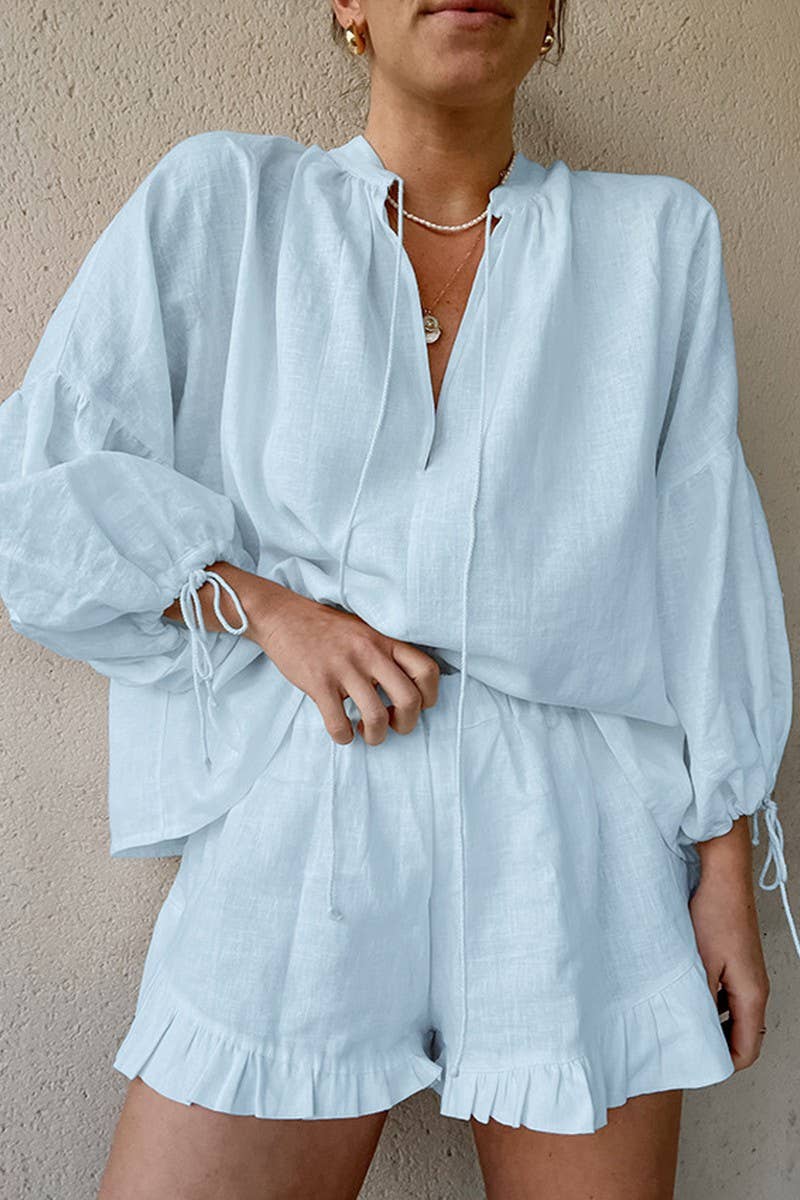 CWSS01300_V-NECK LOOSE LANTERN SLEEVE SHORTS TWO-PIECE SUIT