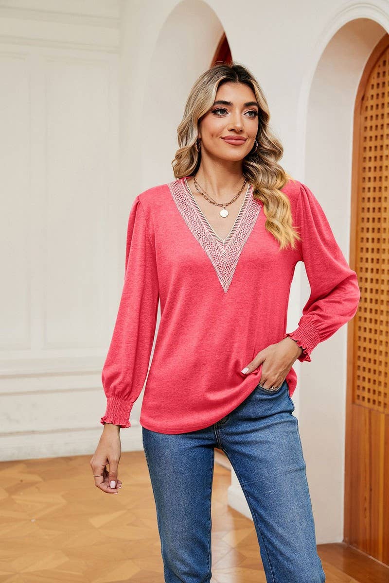 CWTBLL2396_V NECK LACE TRIM LONG SLEEVE LOOSE PULLOVER