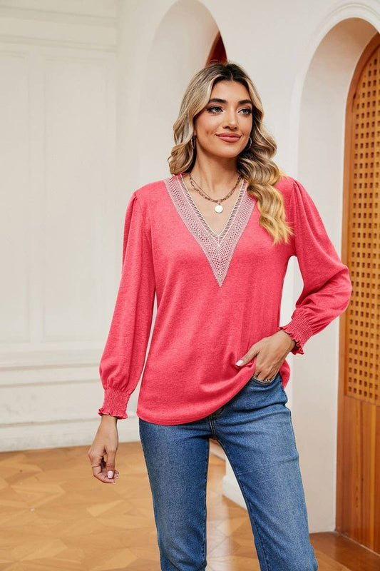 CWTBLL2396_V NECK LACE TRIM LONG SLEEVE LOOSE PULLOVER