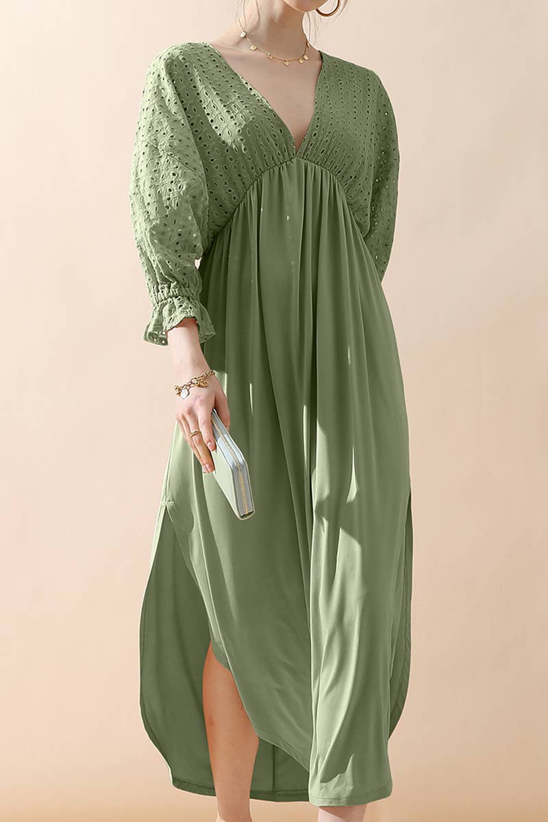 CWDMD795_3/4 SLEEVE V NECK LONG DRESS