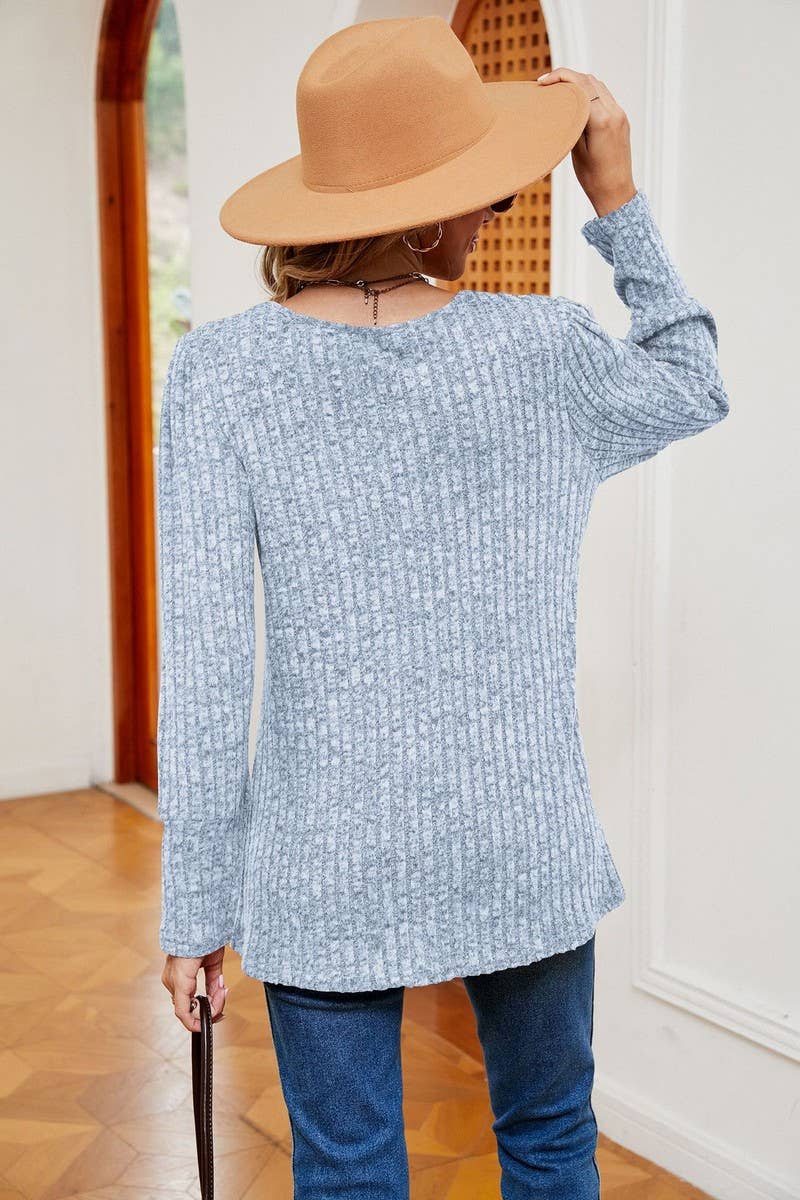 CWTBLL2372_SQUARE COLLAR BUTTON-DOWN LONG SLEEVE LOOSE TOP