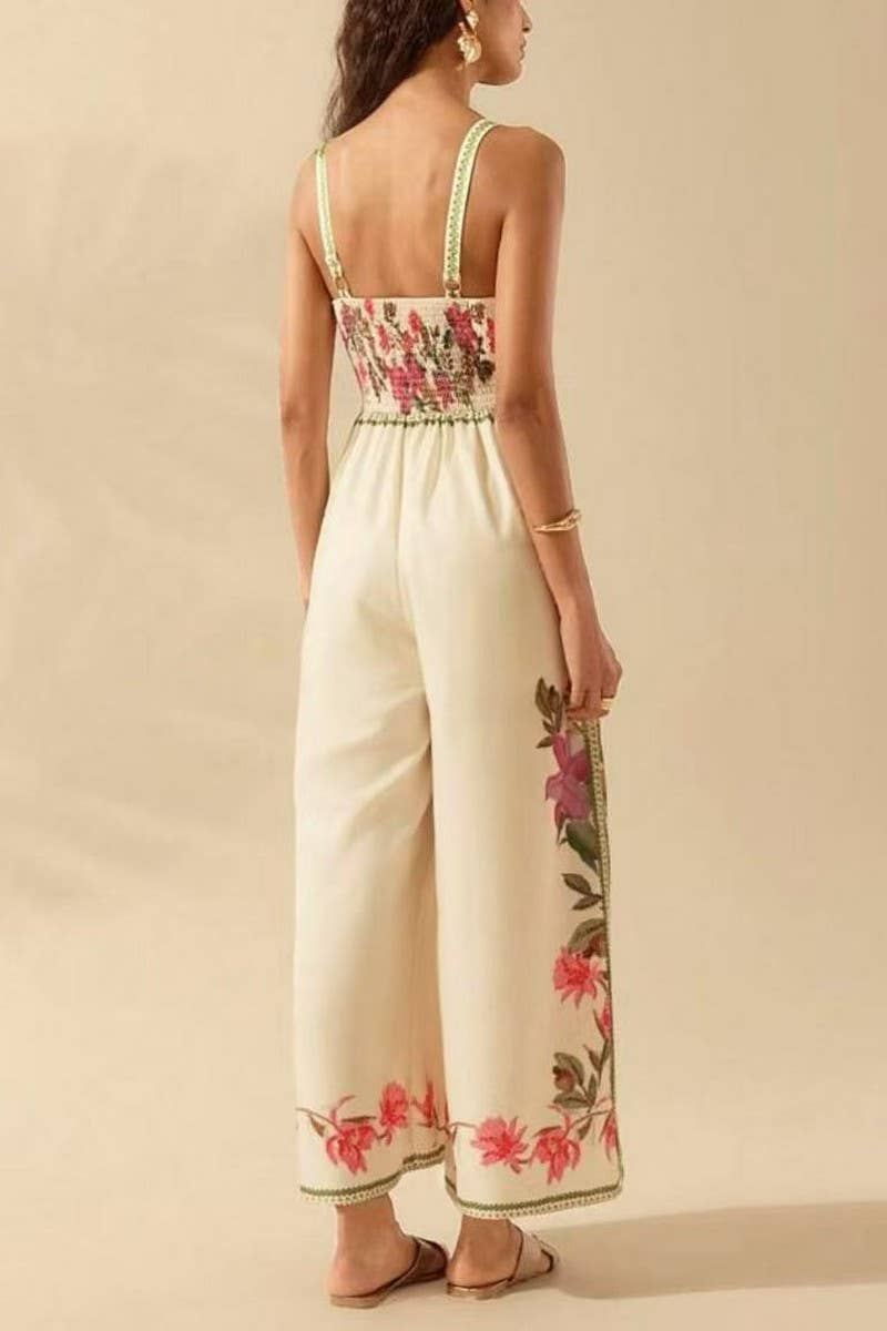 CWSJS1705_V-NECK TRENDY FLORAL CAMI WIDE LEG JUMPSUIT