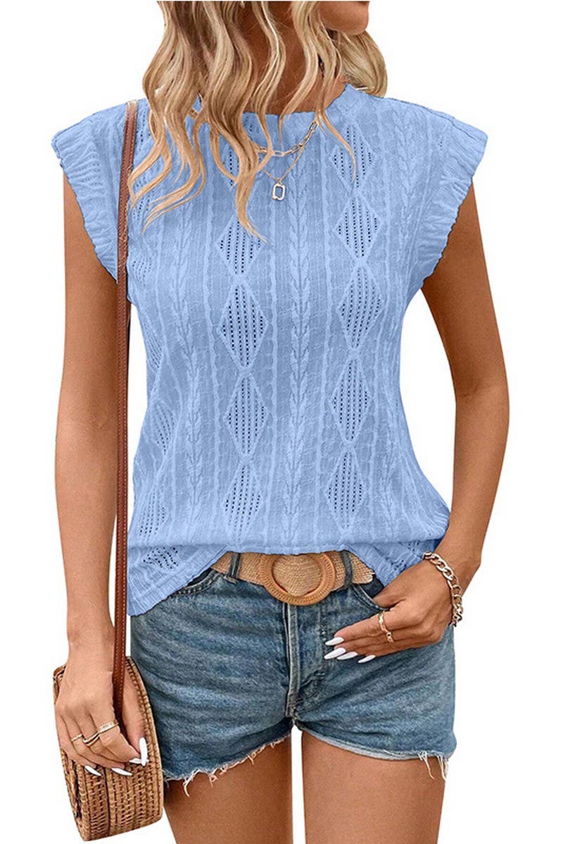 CWTBLS1615_ROUND NECK JACQUARD LOOSE T-SHIRT VEST