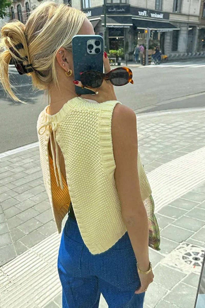 CWOV0793_CREW NECK KNIT OPEN BACK TIE VEST TOP
