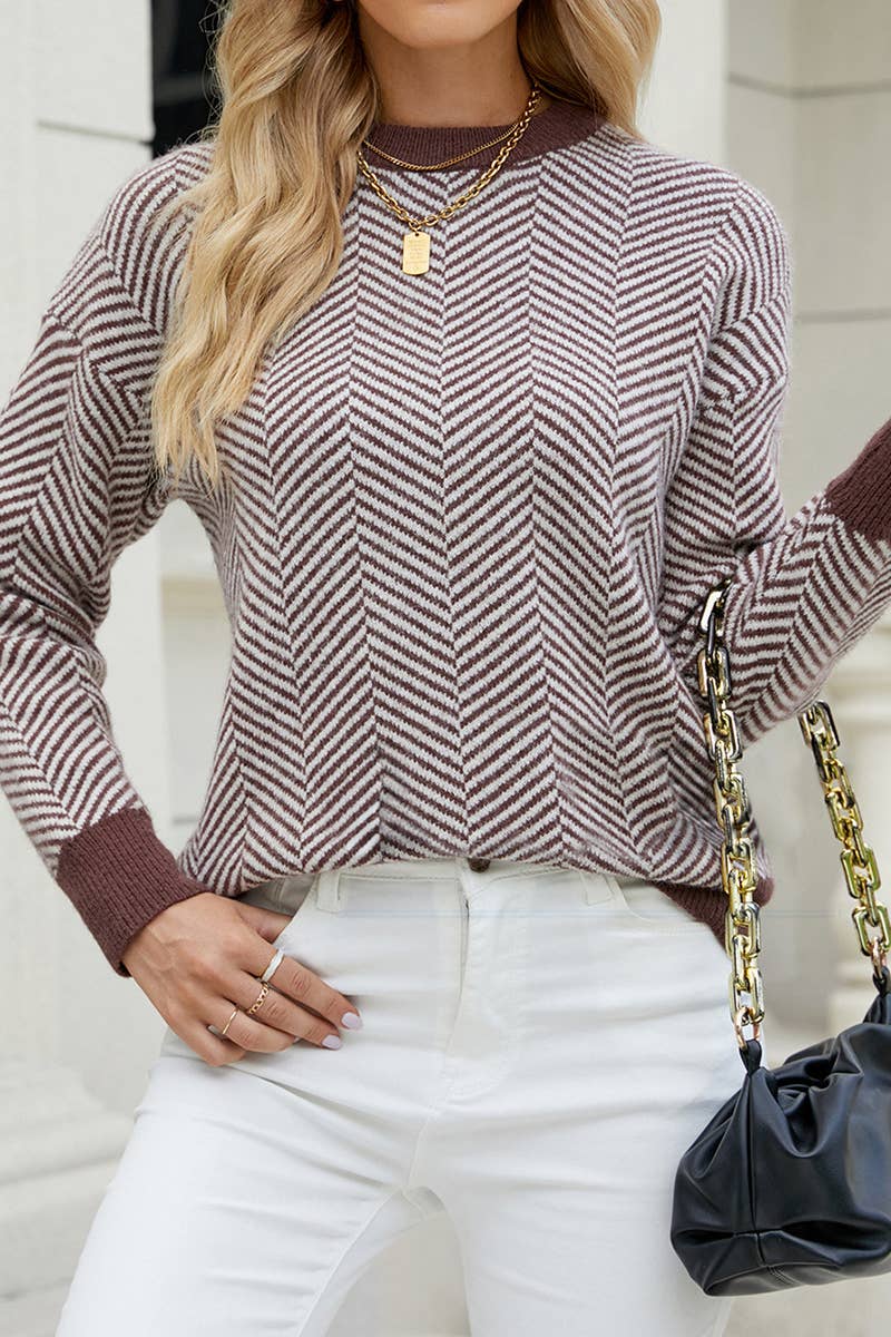 CWTTL1074 Striped Round Neck Knitted Panel Pullover Sweater