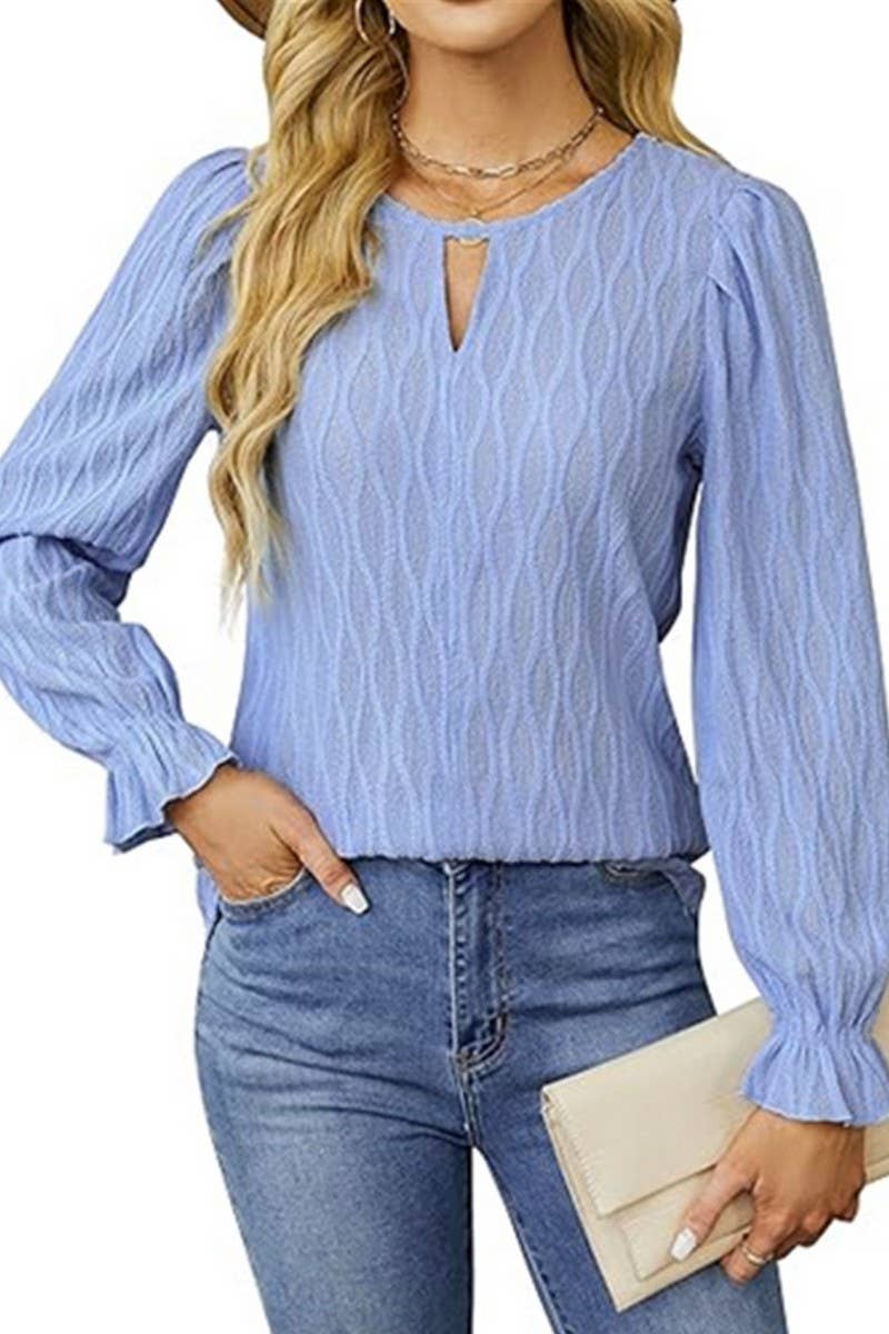 CWTBLL2851_SOLID COLOR JACQUARD ROUND NECK LONG SLEEVE TOP