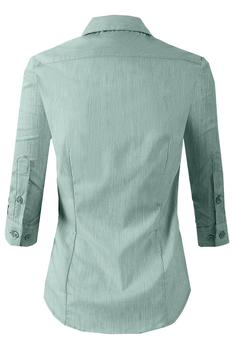 CWTSTS116_Basic Slim Fit Simple 3/4 Sleeve Button Down Shirt