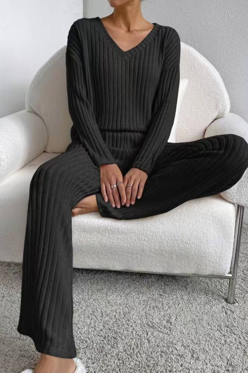 CWSTB1609_V-NECK RIBBED TOP AND PANTS KNITTED SUIT