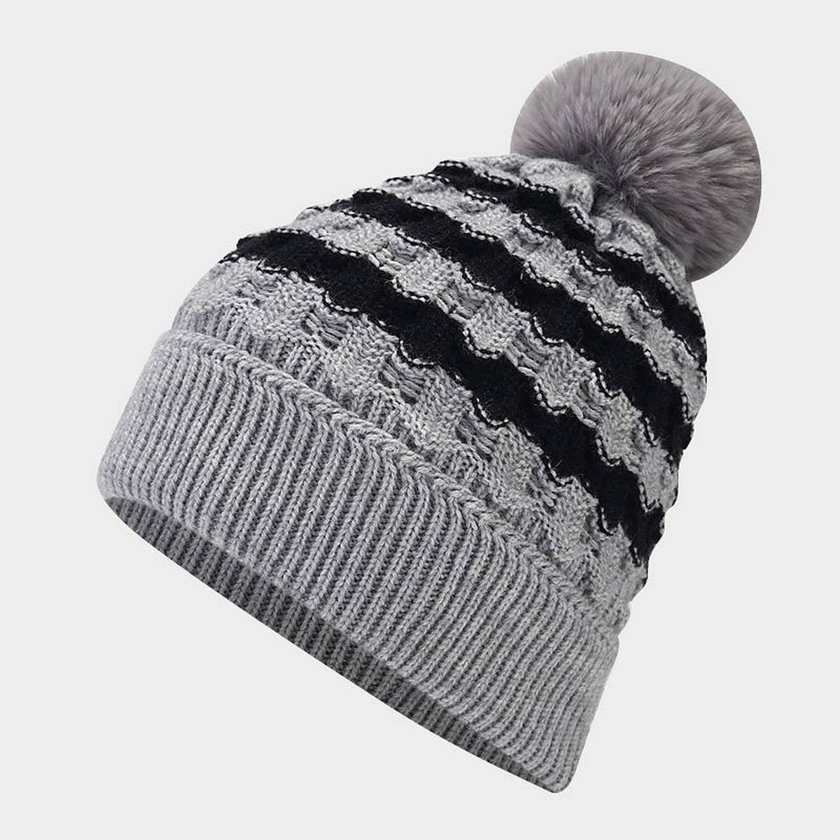 NEW CONTRAST STRIPED POM-POM KNITTED HAT_CWAH1609
