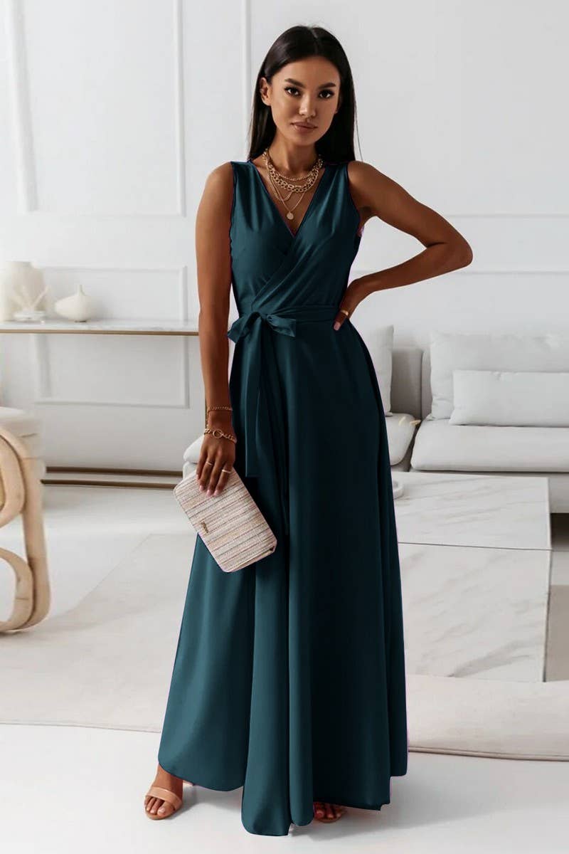 CWDMD6334_TIE WAIST V-NECK EVENING LONG GOWN DRESS