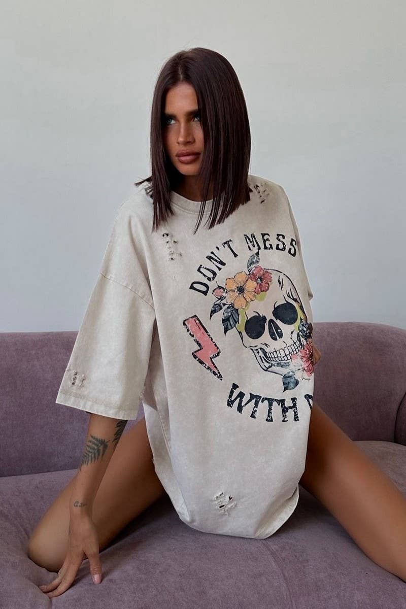 CWTTS1577_PERSONALIZED CASUAL SKULL PRINT HOLE PRINT T-SHIRT