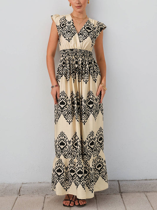 Casual V-neck high-waisted ethnic-style dress