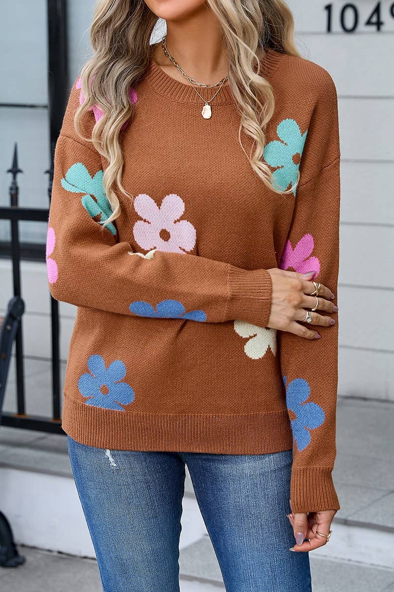 CWOSWL3074_FLORAL COLORBLOCK CASUAL CREWNECK SWEATER