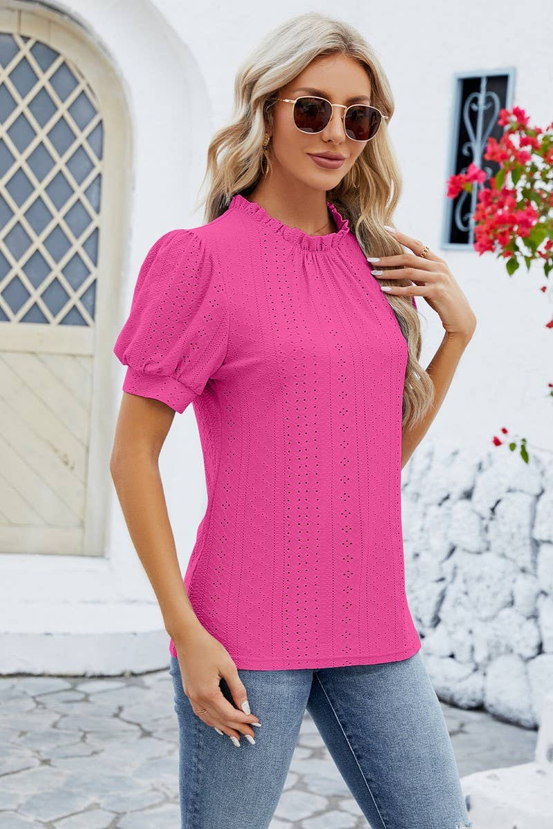 CWTSTS0364_PUFFY SLEEVE LOOSE HOLLOW-OUT PLEATED T SHIRT