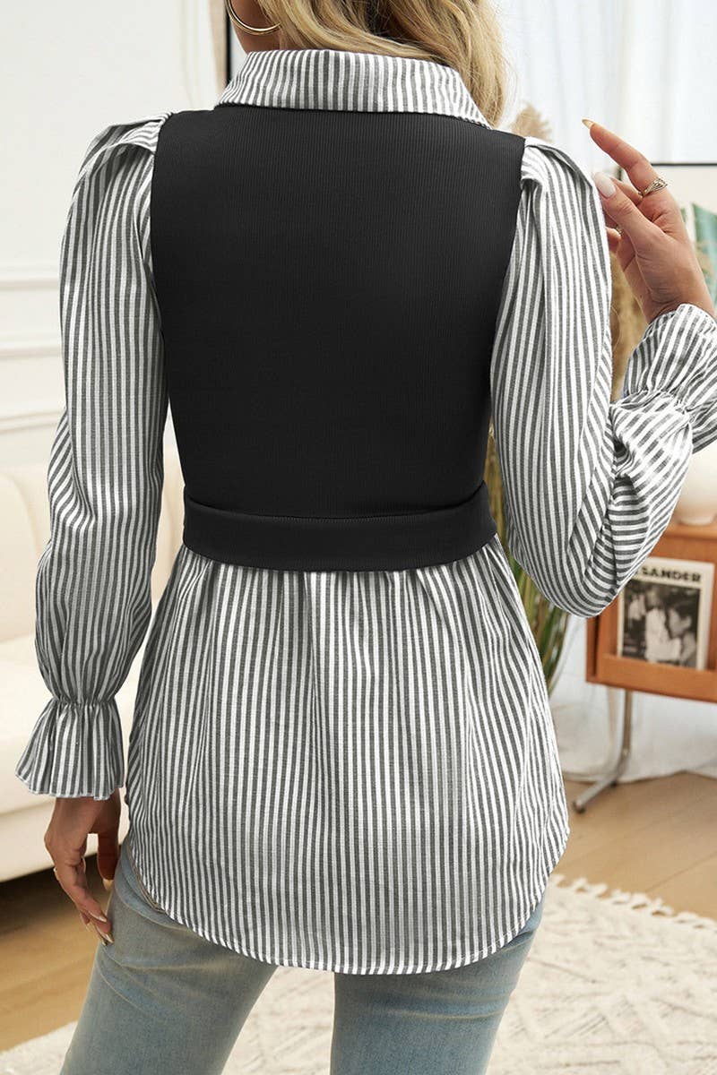 CWTBLL2772_FAKE TWO-PIECE STITCHING PUFF SLEEVE SHIRT