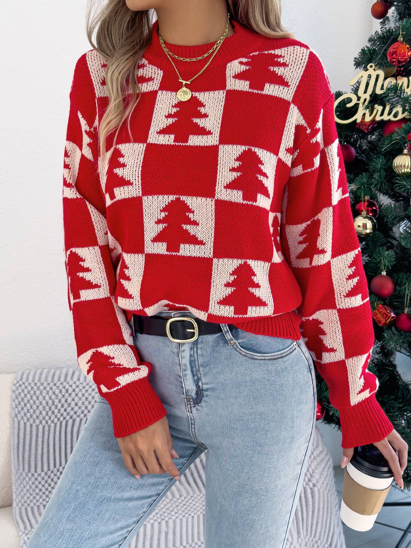 Christmas tree checkered long-sleeved sweater