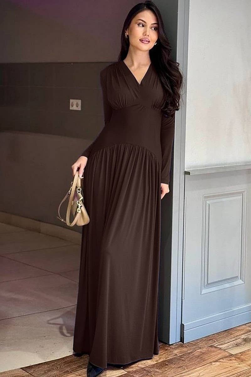 CWDMD01205_V NECK RUCHED WAIST SOLID MAXI DRESS